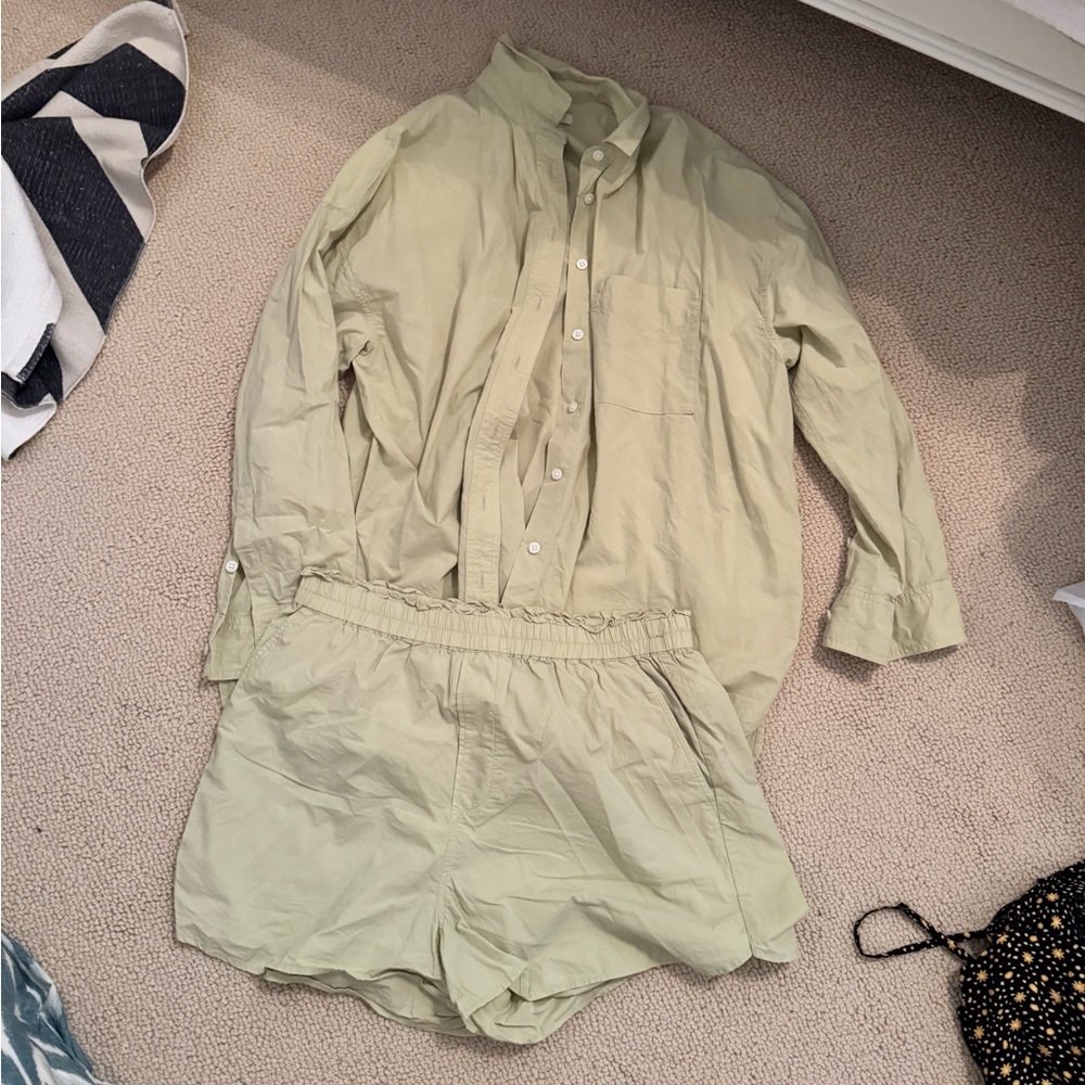 Madewell Light Green Button-Up Shirt and Shorts Set